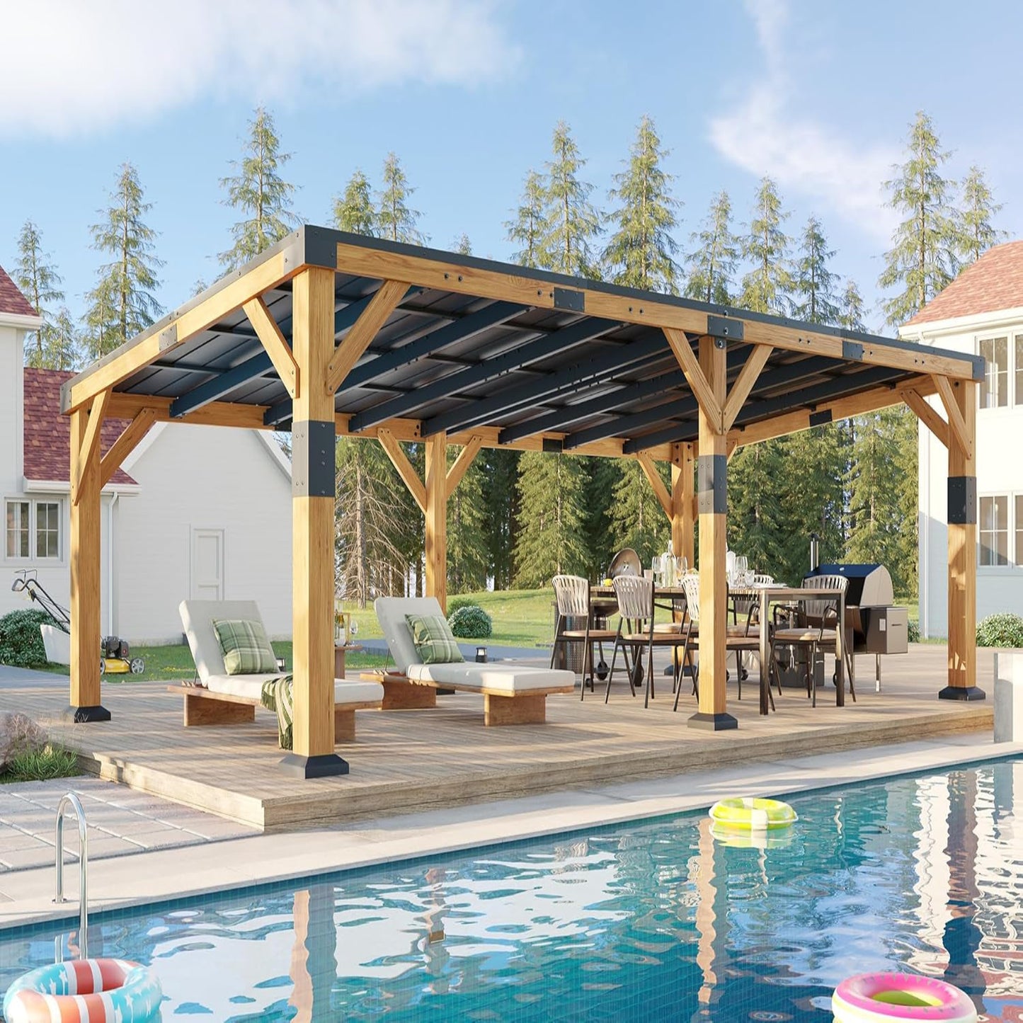 12' X 24' Cedar Wood Gazebo with Sloped Galvanized Steel Roof, Hardtop Gazebo Pavilion with Durable, Rot-Resistant Construction, Permanent Outdoor Pergola for Backyard, Garden & Deck
