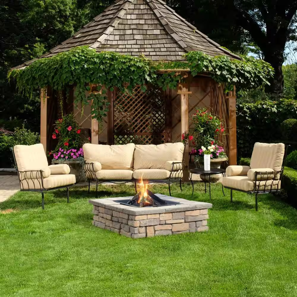 28 In. X 14 In. Steel Wood Random Stone Limestone Square Fire Pit Kit