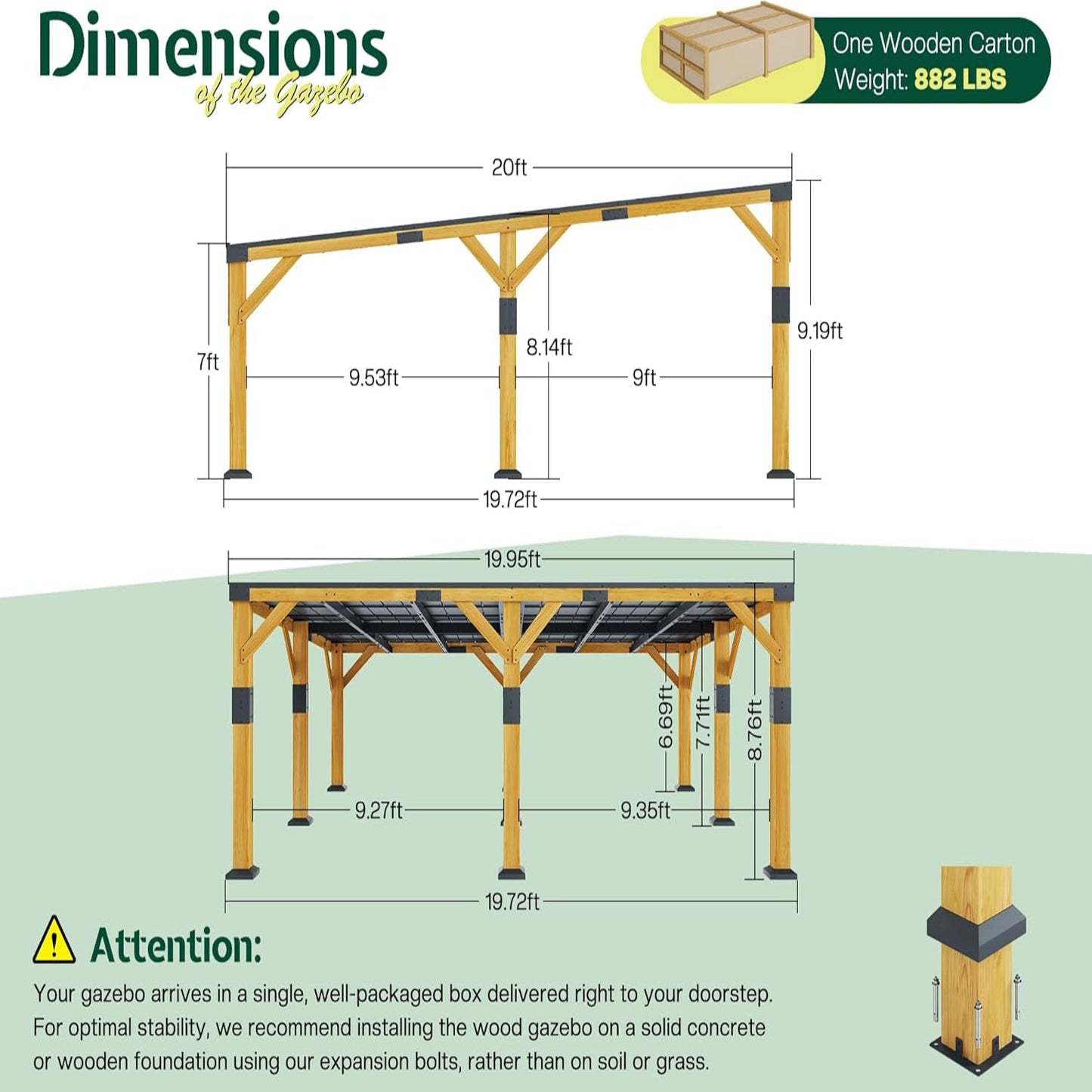 20' X 20' Cedar Wood Gazebo with Sloped Galvanized Steel Roof, Hardtop Gazebo Pavilion with Durable, Rot-Resistant Construction, Permanent Outdoor Pergola for Backyard, Garden & Deck