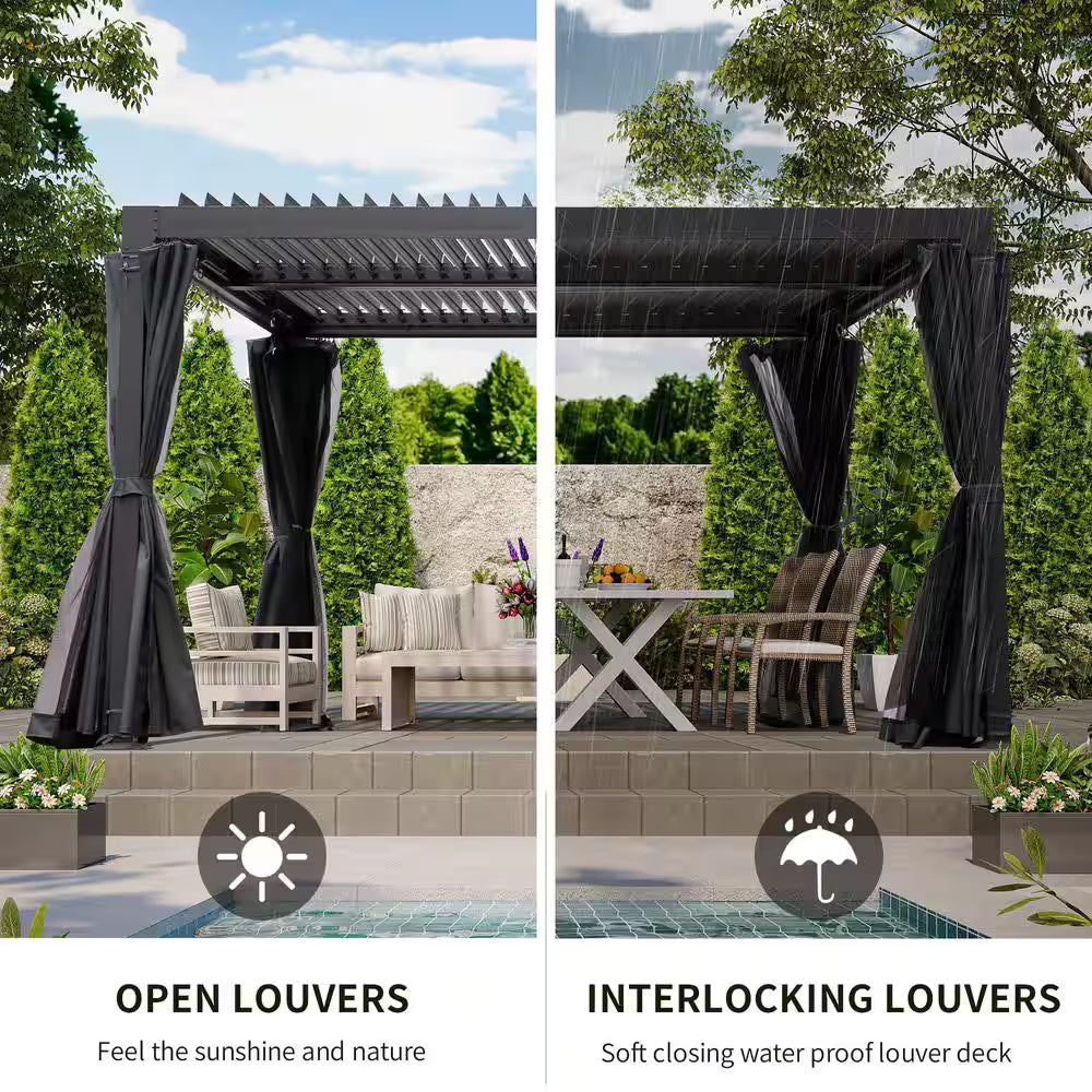 12 Ft. X 20 Ft. Black Aluminum Outdoor Adjustable Louvered Pergola with Waterproof Roof