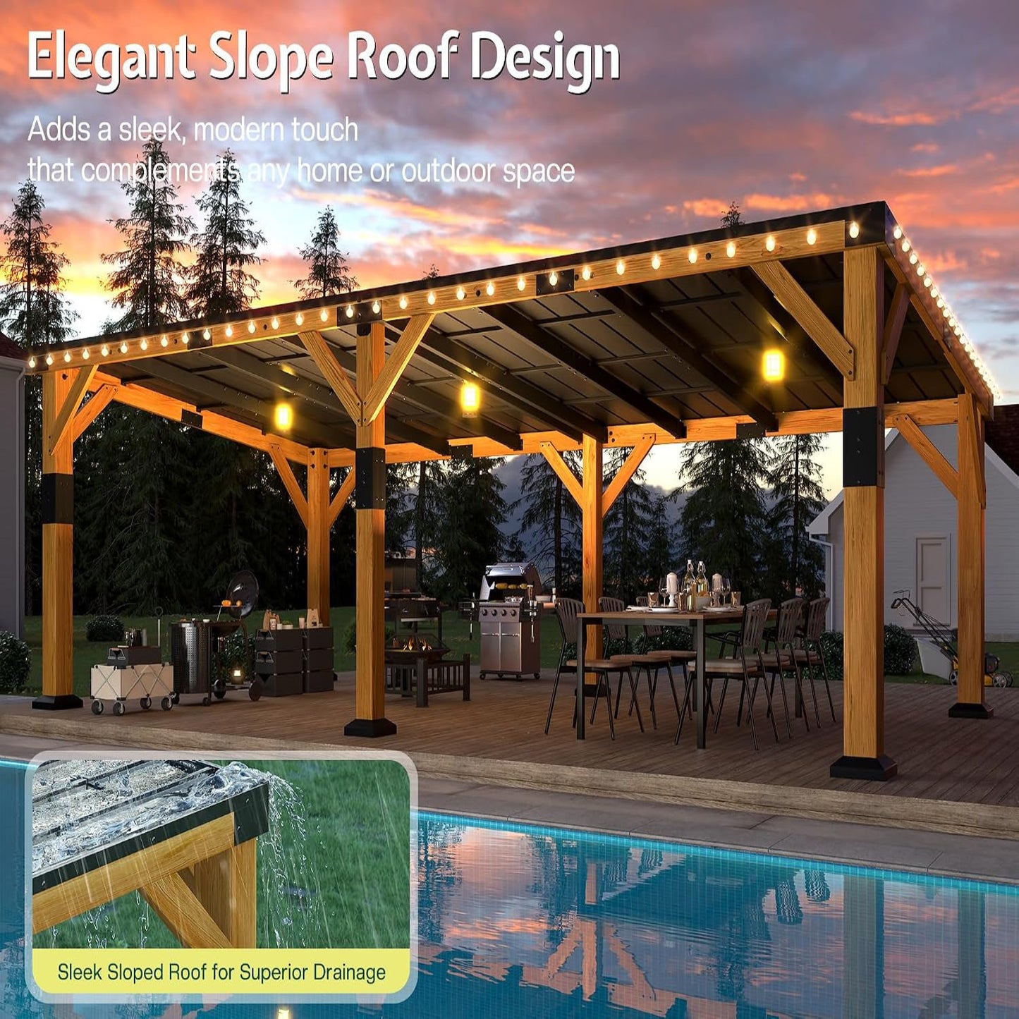 12' X 24' Cedar Wood Gazebo with Sloped Galvanized Steel Roof, Hardtop Gazebo Pavilion with Durable, Rot-Resistant Construction, Permanent Outdoor Pergola for Backyard, Garden & Deck