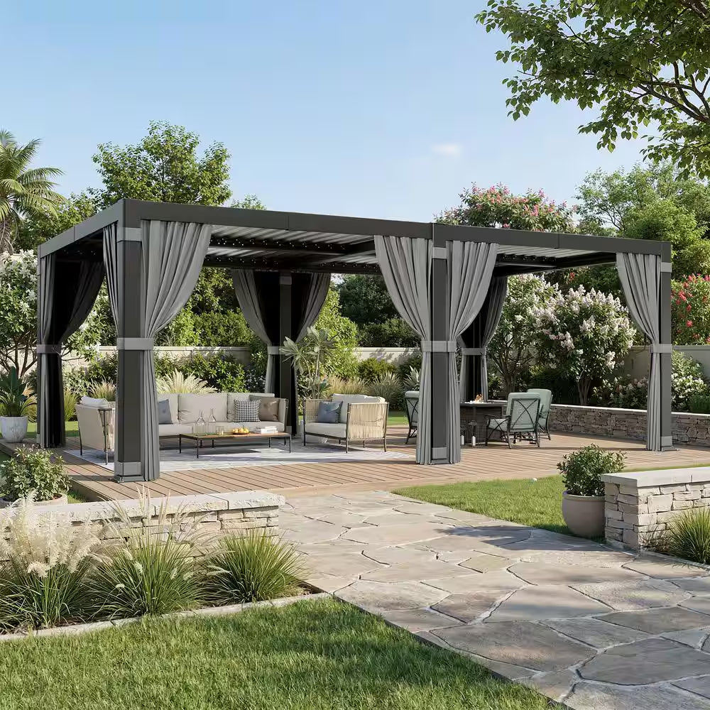 12 Ft. X 20 Ft. Black Aluminum Outdoor Louvered Pergola with Water-Tight Adjustable Roof