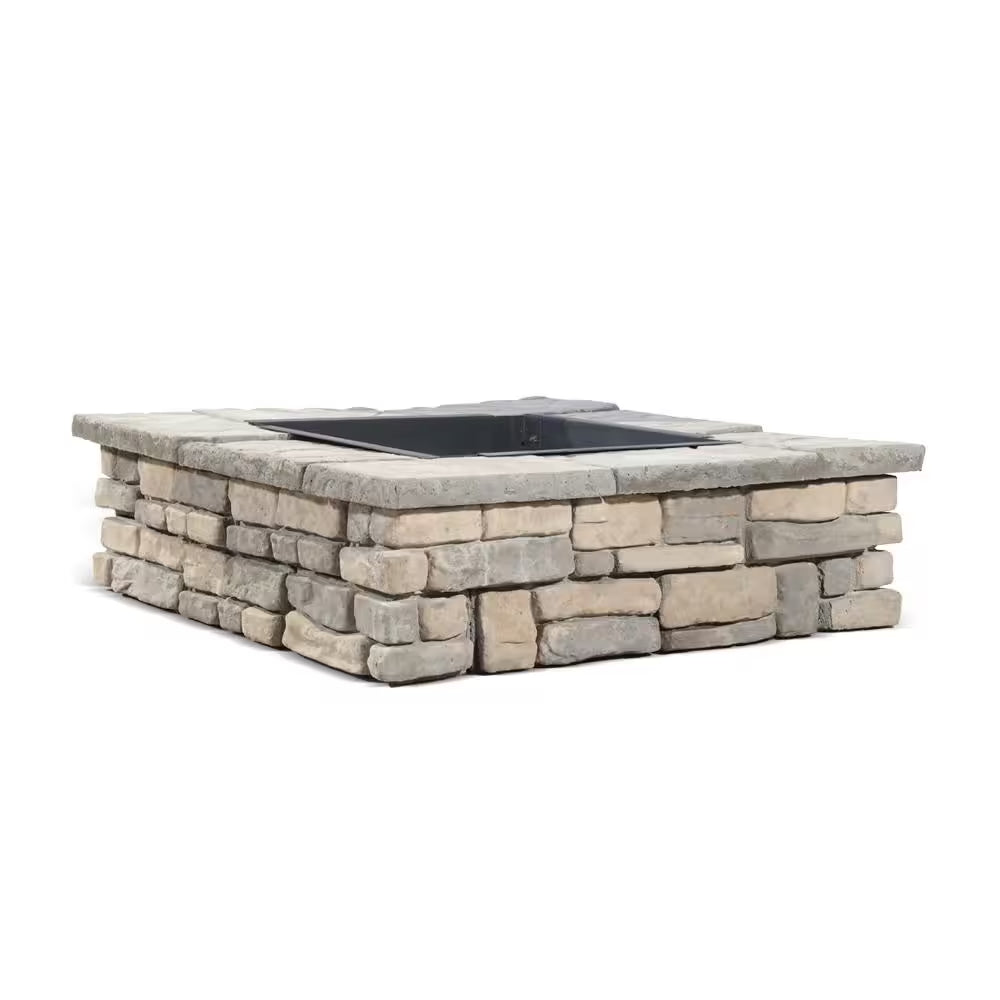 28 In. X 14 In. Steel Wood Random Stone Limestone Square Fire Pit Kit