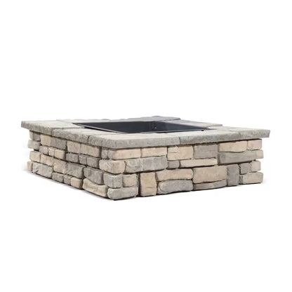 28 In. X 14 In. Steel Wood Random Stone Limestone Square Fire Pit Kit