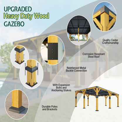 20' X 20' Cedar Wood Gazebo with Sloped Galvanized Steel Roof, Hardtop Gazebo Pavilion with Durable, Rot-Resistant Construction, Permanent Outdoor Pergola for Backyard, Garden & Deck