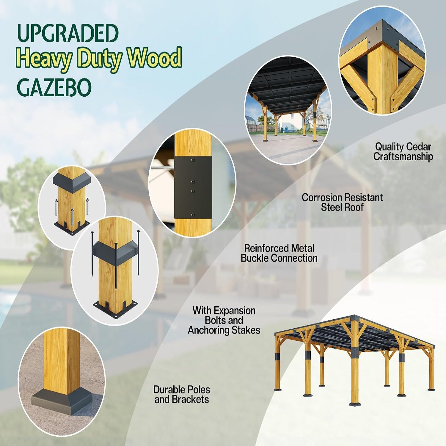 12' X 24' Cedar Wood Gazebo with Sloped Galvanized Steel Roof, Hardtop Gazebo Pavilion with Durable, Rot-Resistant Construction, Permanent Outdoor Pergola for Backyard, Garden & Deck