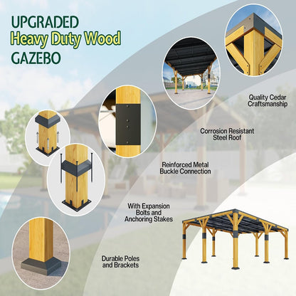 12' X 24' Cedar Wood Gazebo with Sloped Galvanized Steel Roof, Hardtop Gazebo Pavilion with Durable, Rot-Resistant Construction, Permanent Outdoor Pergola for Backyard, Garden & Deck