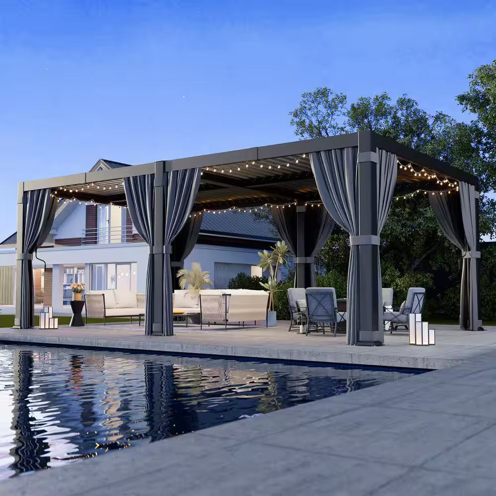 12 Ft. X 20 Ft. Black Aluminum Outdoor Louvered Pergola with Water-Tight Adjustable Roof