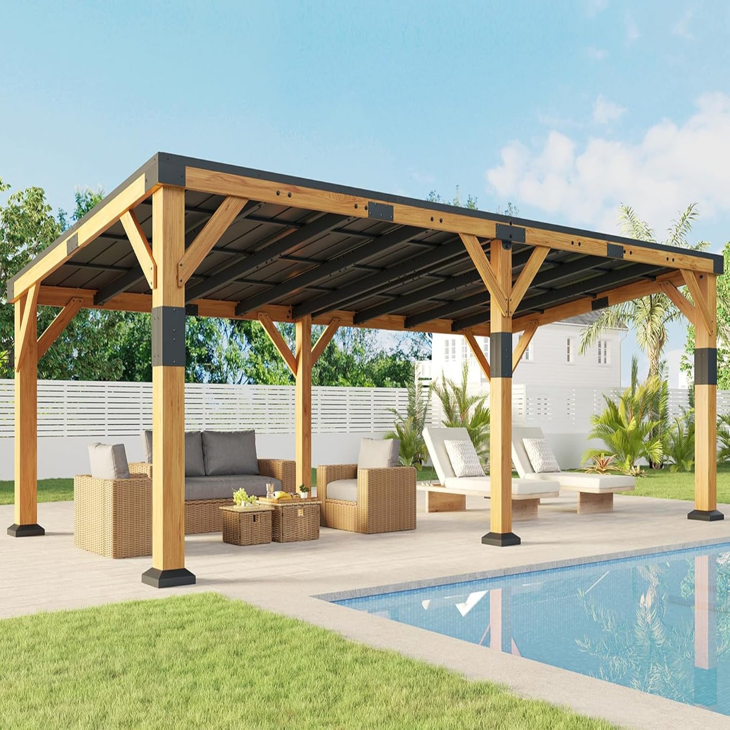 12' X 24' Cedar Wood Gazebo with Sloped Galvanized Steel Roof, Hardtop Gazebo Pavilion with Durable, Rot-Resistant Construction, Permanent Outdoor Pergola for Backyard, Garden & Deck