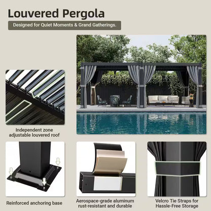 12 Ft. X 20 Ft. Black Aluminum Outdoor Louvered Pergola with Water-Tight Adjustable Roof