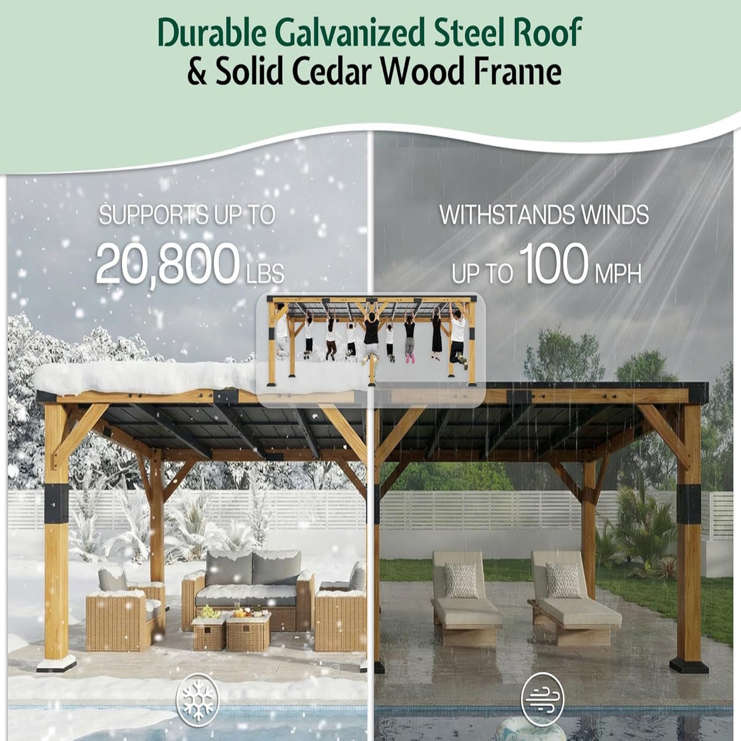 12' X 24' Cedar Wood Gazebo with Sloped Galvanized Steel Roof, Hardtop Gazebo Pavilion with Durable, Rot-Resistant Construction, Permanent Outdoor Pergola for Backyard, Garden & Deck