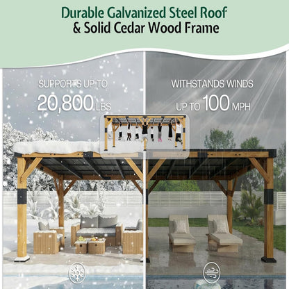 12' X 24' Cedar Wood Gazebo with Sloped Galvanized Steel Roof, Hardtop Gazebo Pavilion with Durable, Rot-Resistant Construction, Permanent Outdoor Pergola for Backyard, Garden & Deck