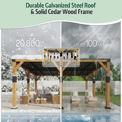 20' X 20' Cedar Wood Gazebo with Sloped Galvanized Steel Roof, Hardtop Gazebo Pavilion with Durable, Rot-Resistant Construction, Permanent Outdoor Pergola for Backyard, Garden & Deck