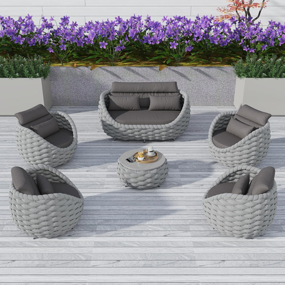 6-Piece Aluminum Patio Furniture Set, Olefin Rope Modern Outdoor Conversation Set Sectional Sofa with Water Repellent Thick Cushions and Coffee Table for Balcony, Garden, Light Grey