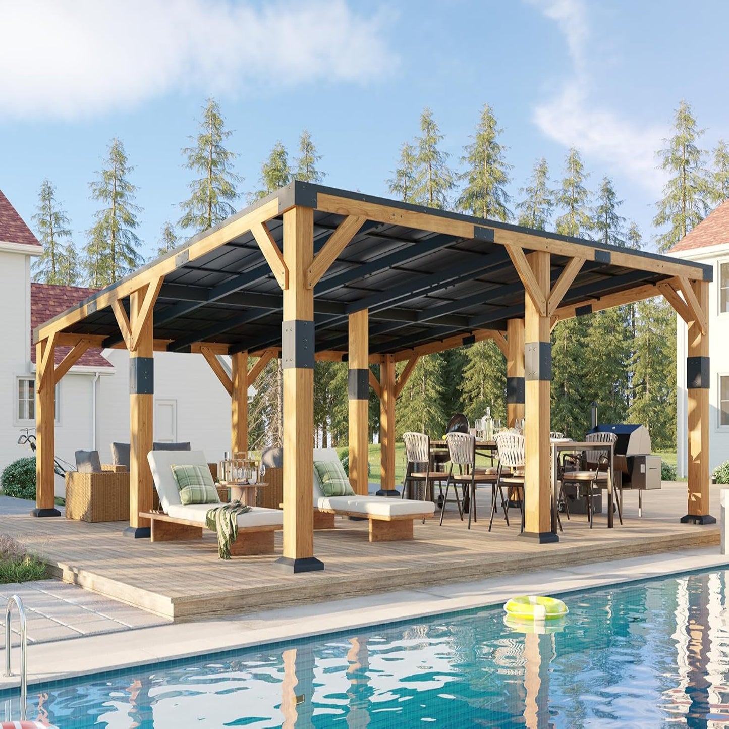 20' X 20' Cedar Wood Gazebo with Sloped Galvanized Steel Roof, Hardtop Gazebo Pavilion with Durable, Rot-Resistant Construction, Permanent Outdoor Pergola for Backyard, Garden & Deck