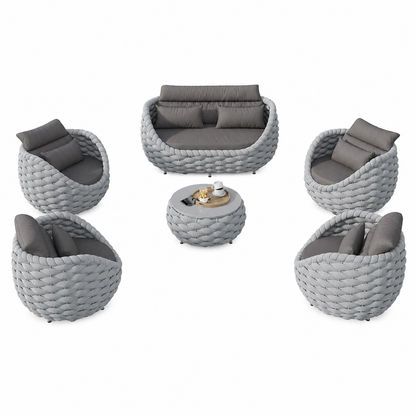 6-Piece Aluminum Patio Furniture Set, Olefin Rope Modern Outdoor Conversation Set Sectional Sofa with Water Repellent Thick Cushions and Coffee Table for Balcony, Garden, Light Grey