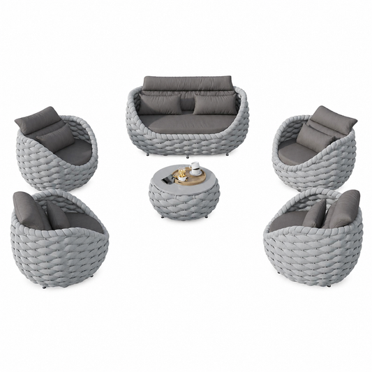 6-Piece Aluminum Patio Furniture Set, Olefin Rope Modern Outdoor Conversation Set Sectional Sofa with Water Repellent Thick Cushions and Coffee Table for Balcony, Garden, Light Grey