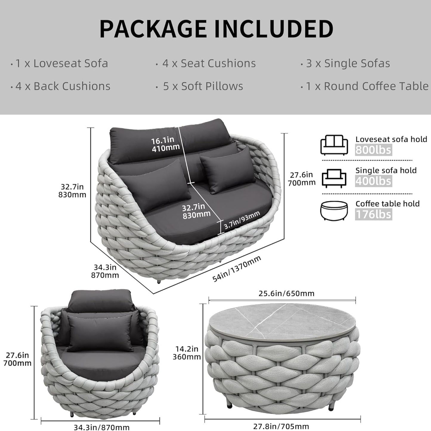 6-Piece Aluminum Patio Furniture Set, Olefin Rope Modern Outdoor Conversation Set Sectional Sofa with Water Repellent Thick Cushions and Coffee Table for Balcony, Garden, Light Grey