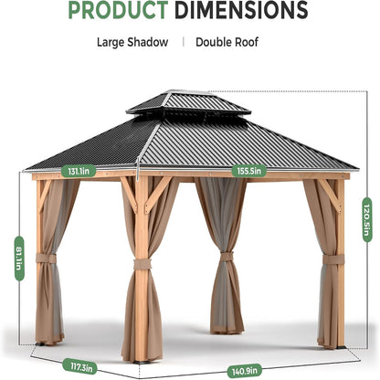 11X13 Wood Gazebo, Outdoor Hardtop Gazebo with Netting and Curtains, Double Galvanized Steel Roof, Deck Hard Top for Backyard, Patio (Brown)