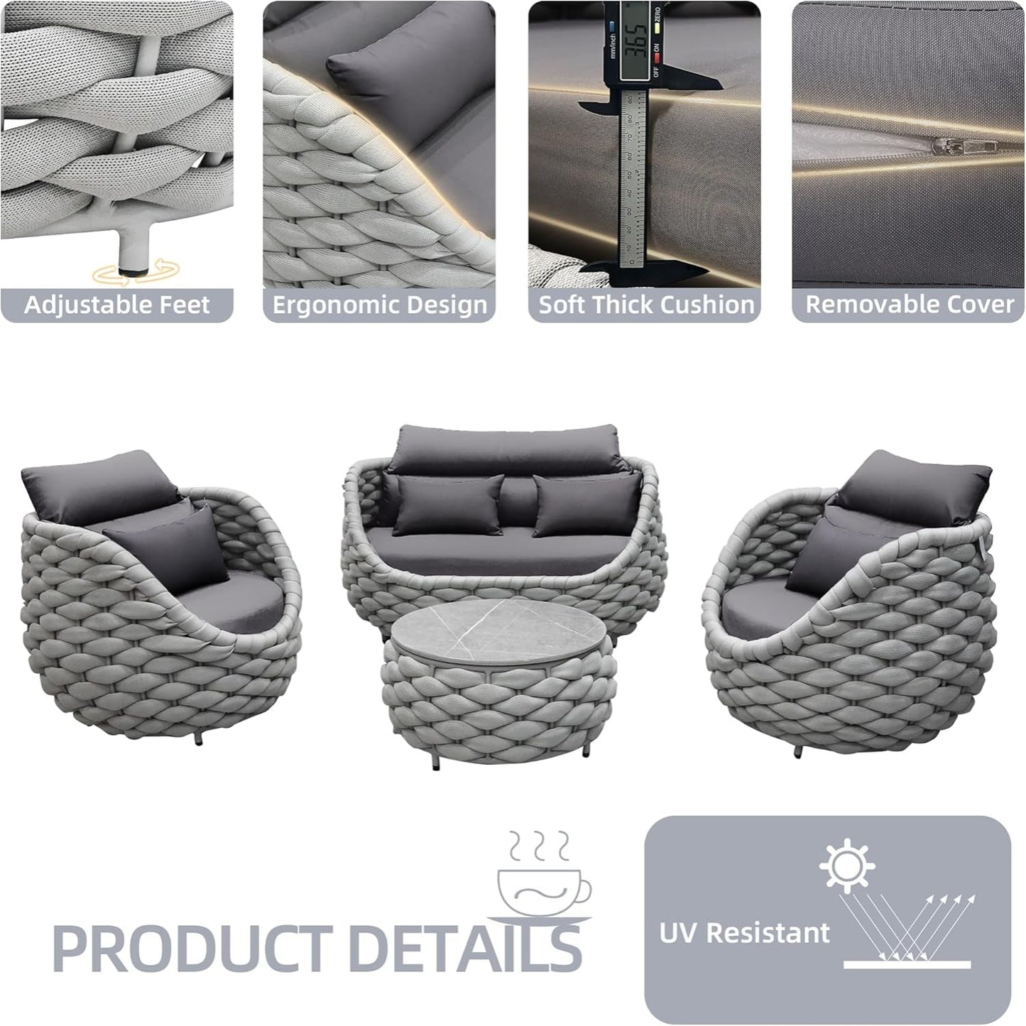 6-Piece Aluminum Patio Furniture Set, Olefin Rope Modern Outdoor Conversation Set Sectional Sofa with Water Repellent Thick Cushions and Coffee Table for Balcony, Garden, Light Grey