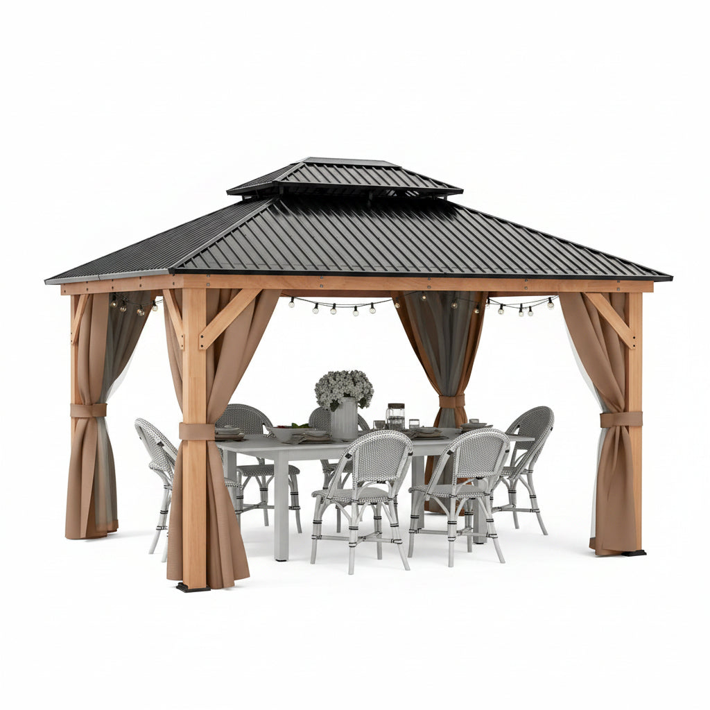 11X13 Wood Gazebo, Outdoor Hardtop Gazebo with Netting and Curtains, Double Galvanized Steel Roof, Deck Hard Top for Backyard, Patio (Brown)