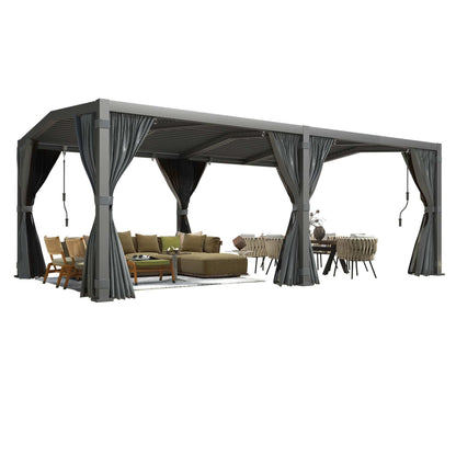 12X20 Louvered Pergola,Dark Grey Aluminum Frame with Adjustable Rainproof Roof, Featuring Waterproof Curtains and Nets