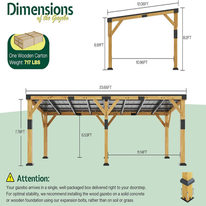 12' X 24' Cedar Wood Gazebo with Sloped Galvanized Steel Roof, Hardtop Gazebo Pavilion with Durable, Rot-Resistant Construction, Permanent Outdoor Pergola for Backyard, Garden & Deck