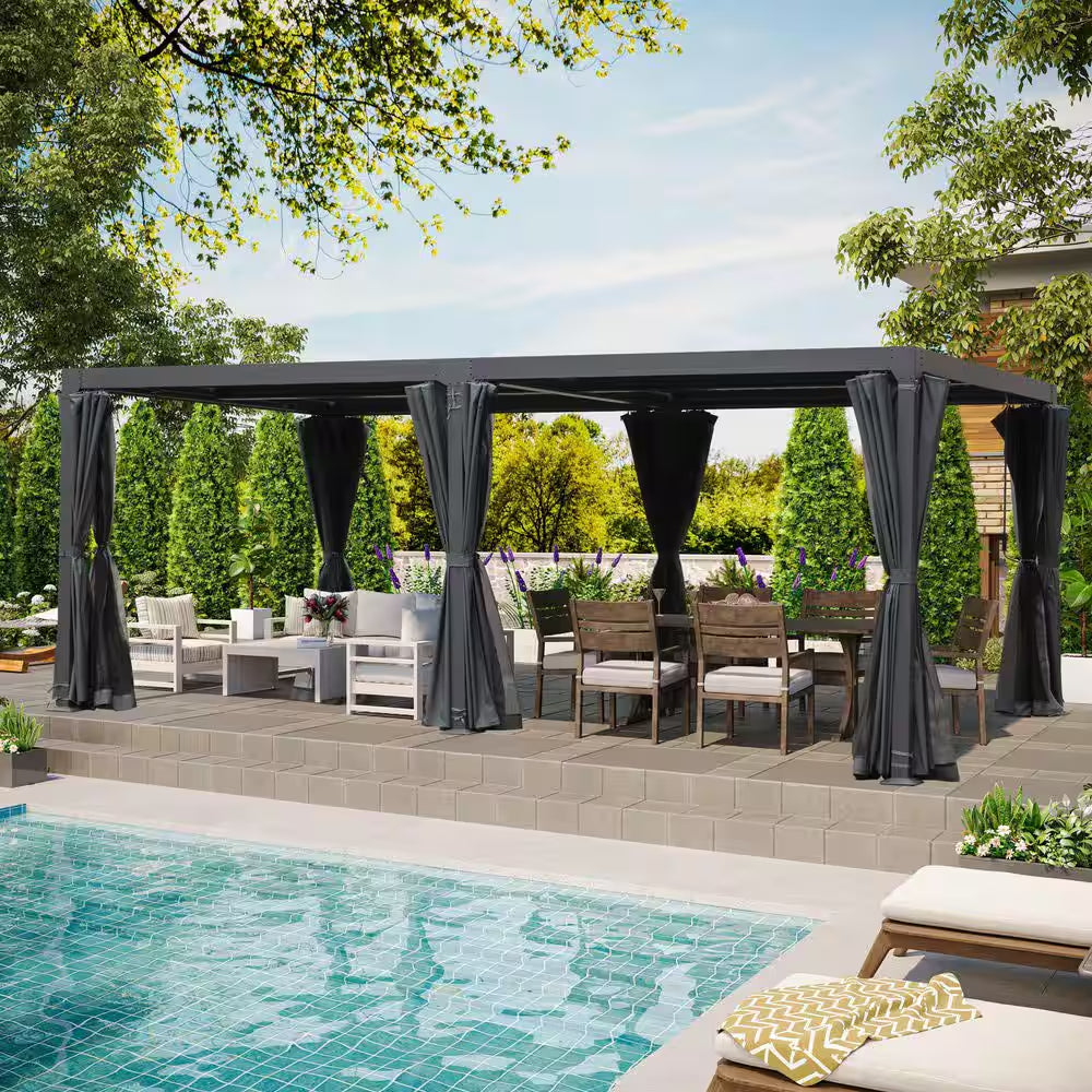 12 Ft. X 20 Ft. Black Aluminum Outdoor Adjustable Louvered Pergola with Waterproof Roof