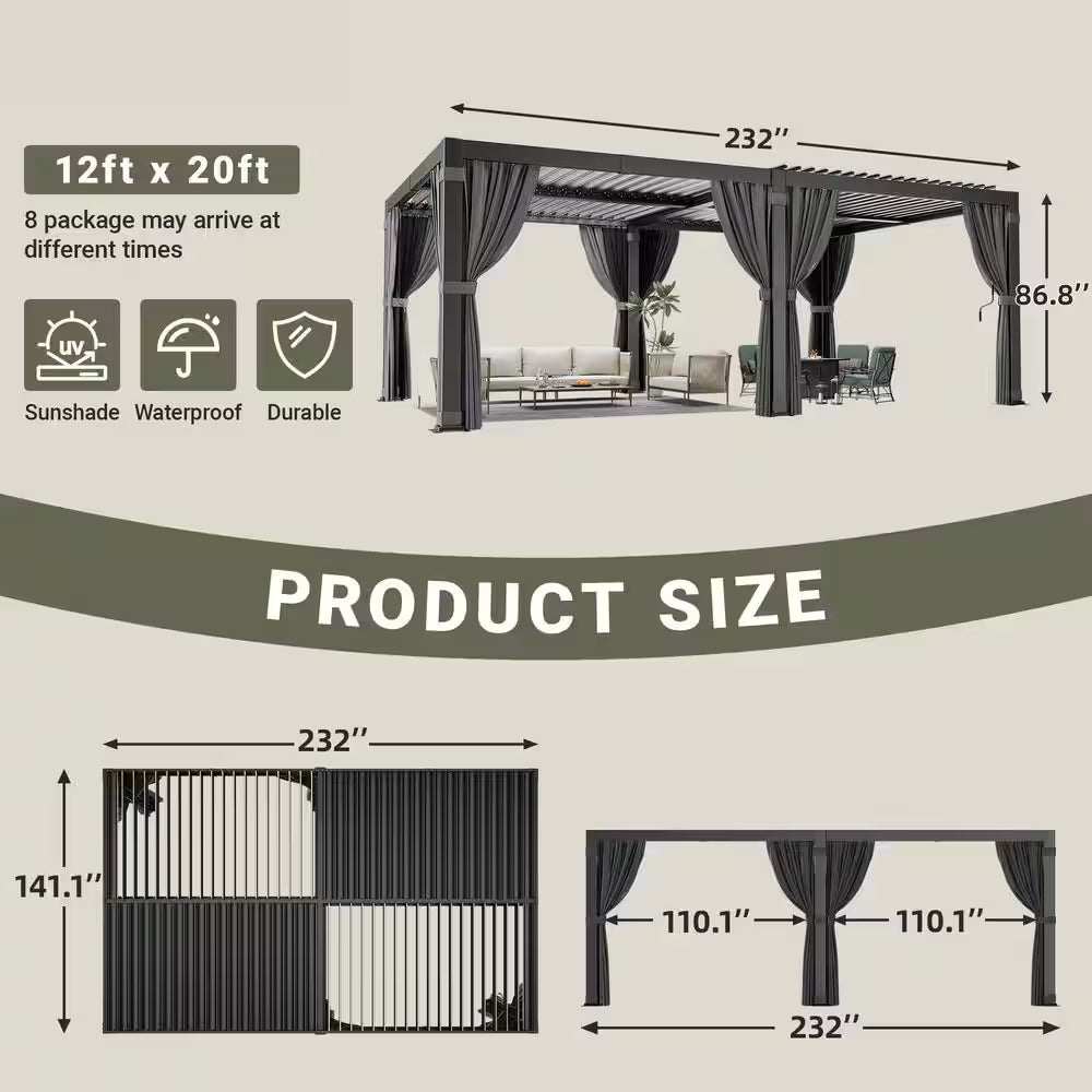 12 Ft. X 20 Ft. Black Aluminum Outdoor Louvered Pergola with Water-Tight Adjustable Roof