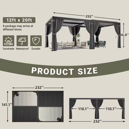 12 Ft. X 20 Ft. Black Aluminum Outdoor Louvered Pergola with Water-Tight Adjustable Roof