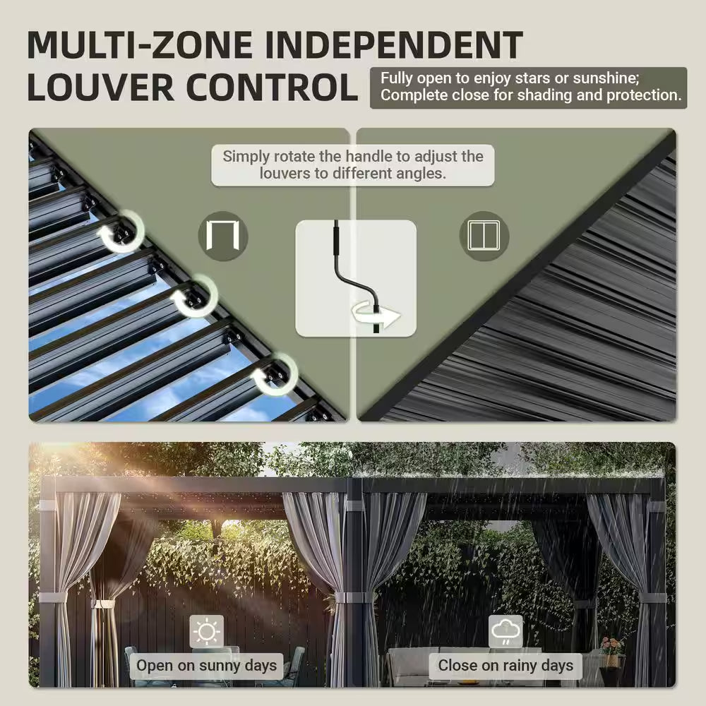12 Ft. X 20 Ft. Black Aluminum Outdoor Louvered Pergola with Water-Tight Adjustable Roof
